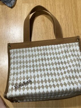 Diamond Pattern Canvas Tote in Tan and White Nienman Marcus
